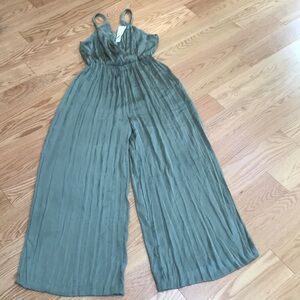 New! Zara medium olive satin effect wrinkled V neck jumpsuit.